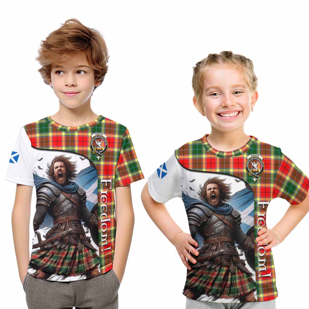 Tartan Vibes Clothing Gibson (Gibbs or Gibsone) Crest Tartan Kid T-Shirt Inspired by the Freedom of Scottish Warrior