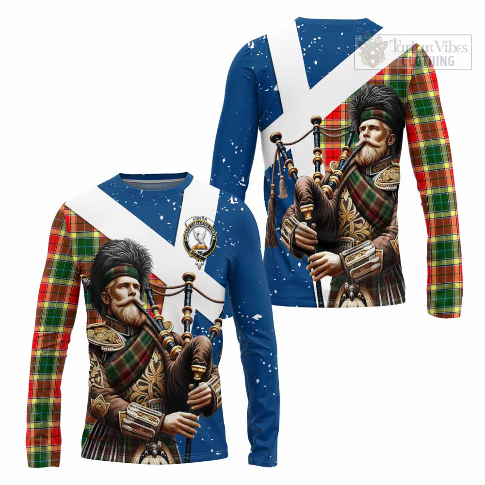 Tartan Vibes Clothing Gibson (Gibbs or Gibsone) Tartan Long Sleeve T-Shirt with Family Crest Scottish Bagpiper Vibes