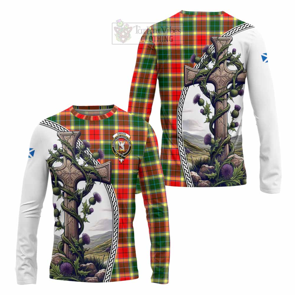 Tartan Vibes Clothing Gibson (Gibbs or Gibsone) Tartan Long Sleeve T-Shirt with Family Crest and St. Andrew's Cross Accented by Thistle Vines