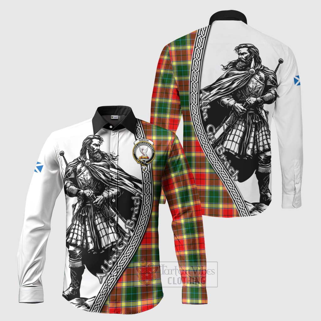 Tartan Vibes Clothing Gibson (Gibbs or Gibsone) Tartan Clan Crest Long Sleeve Button Shirt with Highlander Warrior Celtic Style