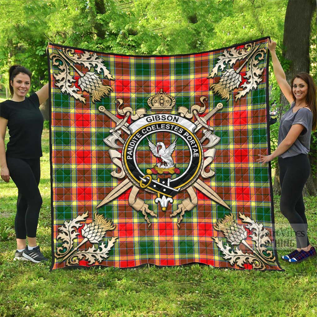 Tartan Vibes Clothing Gibson (Gibbs or Gibsone) Tartan Quilt with Family Crest and Scottish Golden Courage Shield