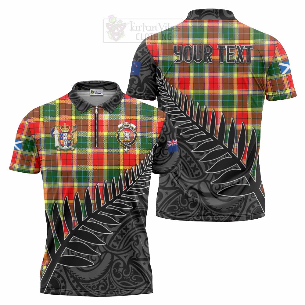 Tartan Vibes Clothing Gibson (Gibbs or Gibsone) Crest Tartan Zipper Polo Shirt with New Zealand Silver Fern Half Style