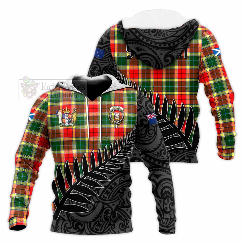 Tartan Vibes Clothing Gibson (Gibbs or Gibsone) Crest Tartan Knitted Hoodie with New Zealand Silver Fern Half Style