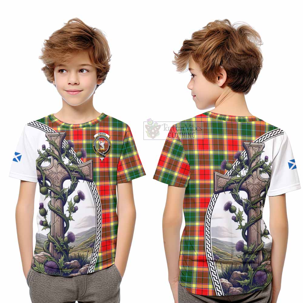 Tartan Vibes Clothing Gibson (Gibbs or Gibsone) Tartan Kid T-Shirt with Family Crest and St. Andrew's Cross Accented by Thistle Vines