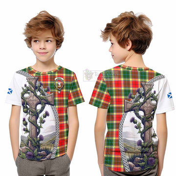 Gibson (Gibbs or Gibsone) Tartan Kid T-Shirt with Family Crest and St. Andrew's Cross Accented by Thistle Vines