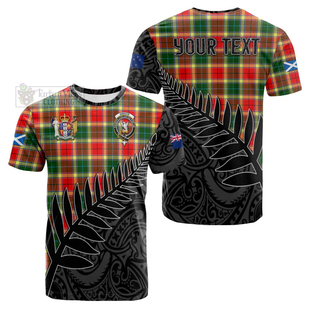 Tartan Vibes Clothing Gibson (Gibbs or Gibsone) Crest Tartan Cotton T-shirt with New Zealand Silver Fern Half Style