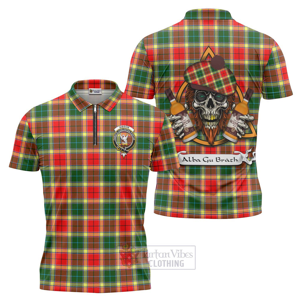 Tartan Vibes Clothing Gibson (Gibbs or Gibsone) Tartan Zipper Polo Shirt with Family Crest and Bearded Skull Holding Bottles of Whiskey