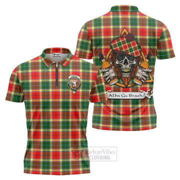 Gibson (Gibbs or Gibsone) Tartan Zipper Polo Shirt with Family Crest and Bearded Skull Holding Bottles of Whiskey