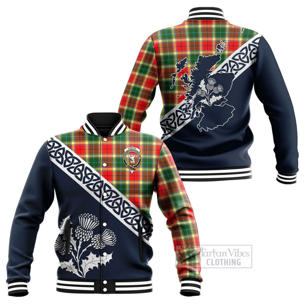 Tartan Vibes Clothing Gibson (Gibbs or Gibsone) Tartan Baseball Jacket Featuring Thistle and Scotland Map