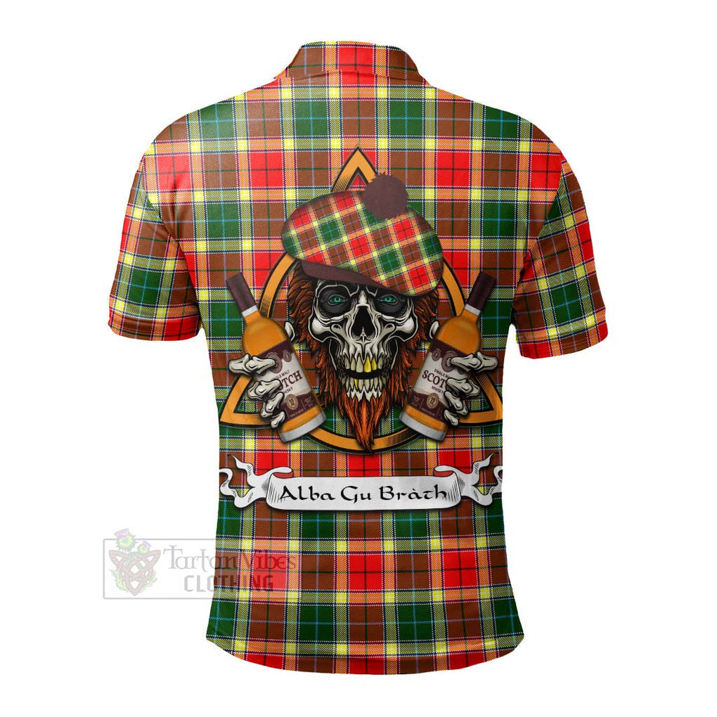 Tartan Vibes Clothing Gibson (Gibbs or Gibsone) Tartan Polo Shirt with Family Crest and Bearded Skull Holding Bottles of Whiskey