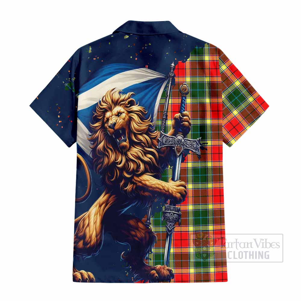 Tartan Vibes Clothing Gibson (Gibbs or Gibsone) Tartan Family Crest Short Sleeve Button Shirt with Scottish Majestic Lion