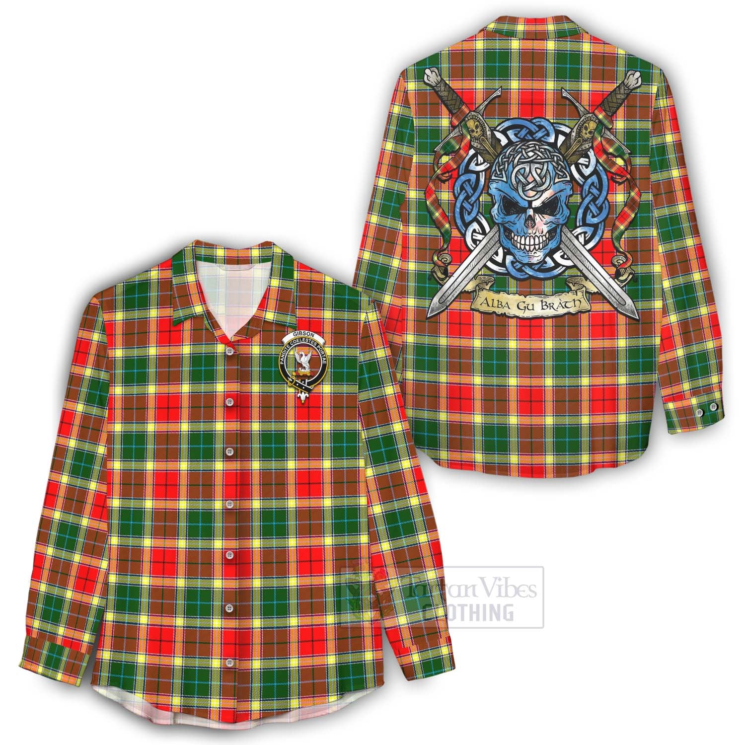 Tartan Vibes Clothing Gibson (Gibbs or Gibsone) Tartan Women's Casual Shirt with Family Crest Celtic Skull Style