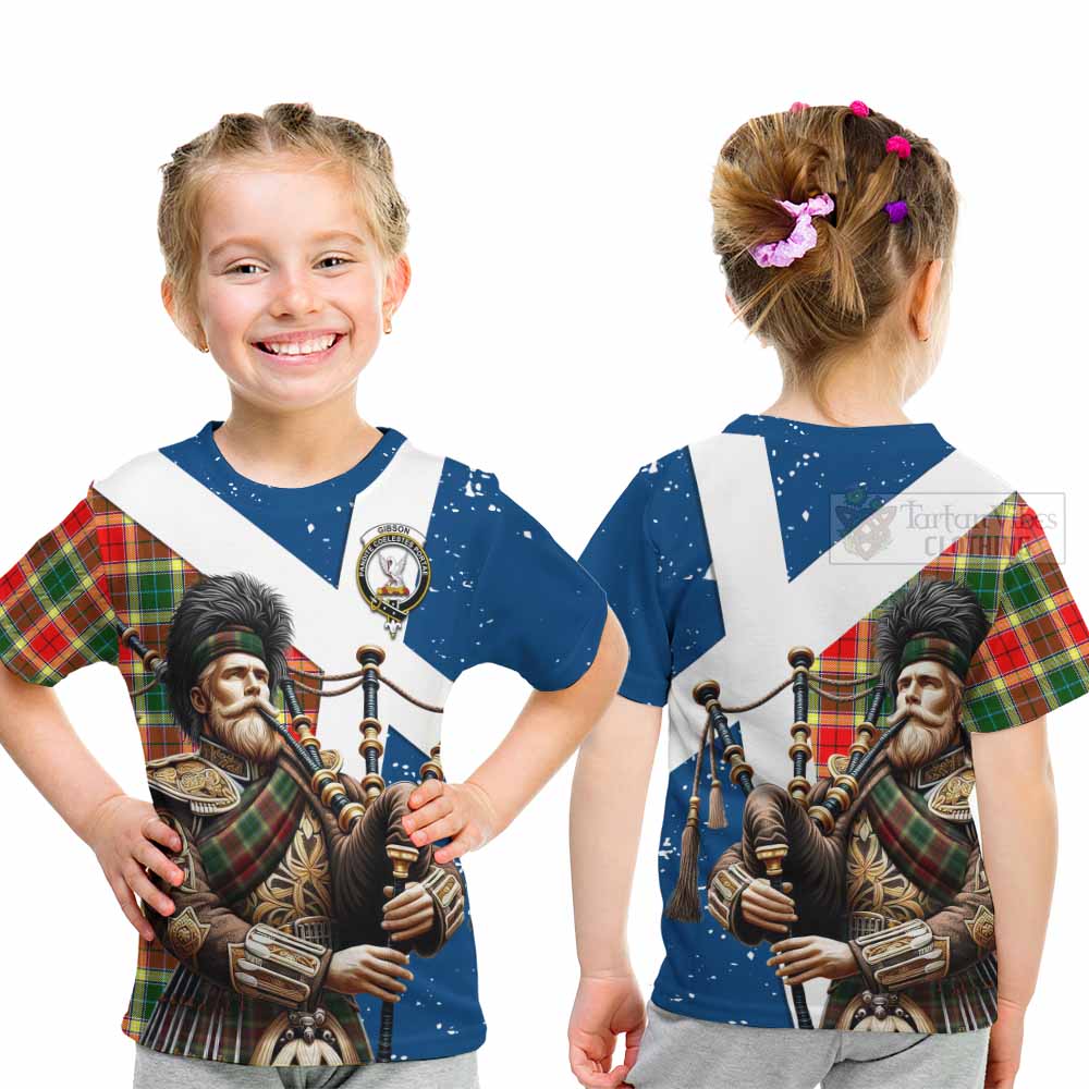 Tartan Vibes Clothing Gibson (Gibbs or Gibsone) Tartan Kid T-Shirt with Family Crest Scottish Bagpiper Vibes