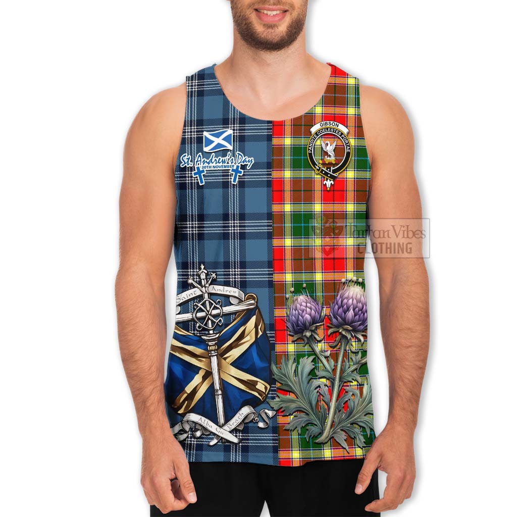 Tartan Vibes Clothing Gibson (Gibbs or Gibsone) Tartan Men's Tank Top Happy St. Andrew's Day Half Tartan Style