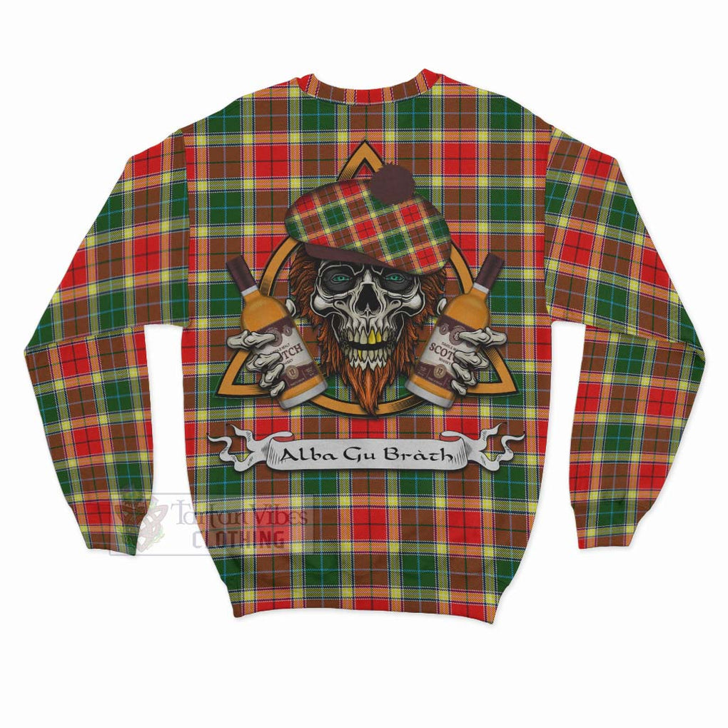 Tartan Vibes Clothing Gibson (Gibbs or Gibsone) Tartan Sweatshirt with Family Crest and Bearded Skull Holding Bottles of Whiskey