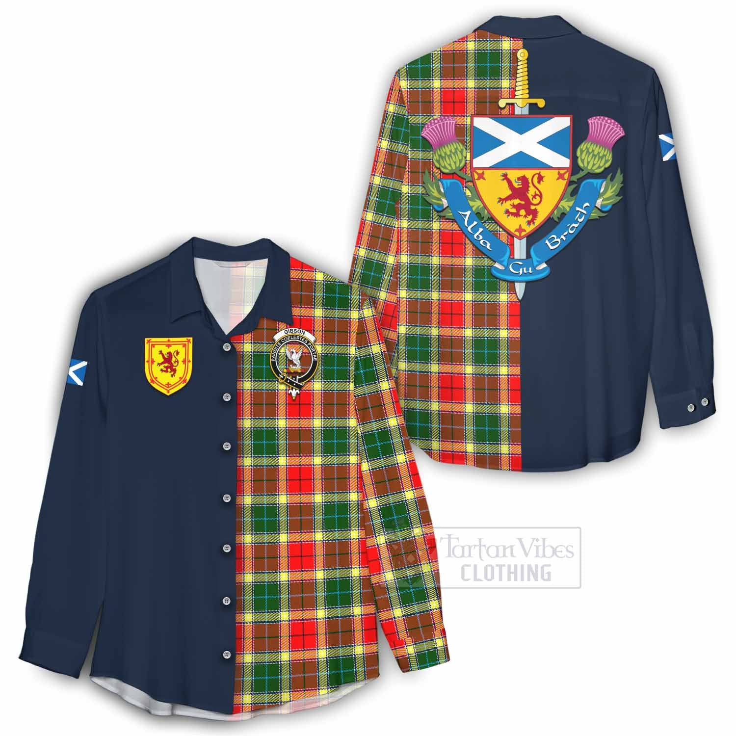 Tartan Vibes Clothing Gibson (Gibbs or Gibsone) Tartan Women's Casual Shirt Alba with Scottish Lion Royal Arm Half Style