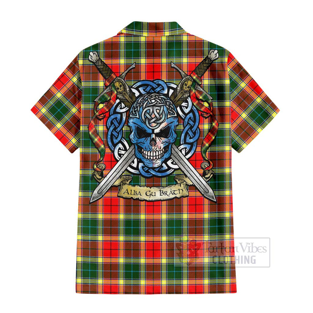 Tartan Vibes Clothing Gibson (Gibbs or Gibsone) Tartan Short Sleeve Button Shirt with Family Crest Celtic Skull Style