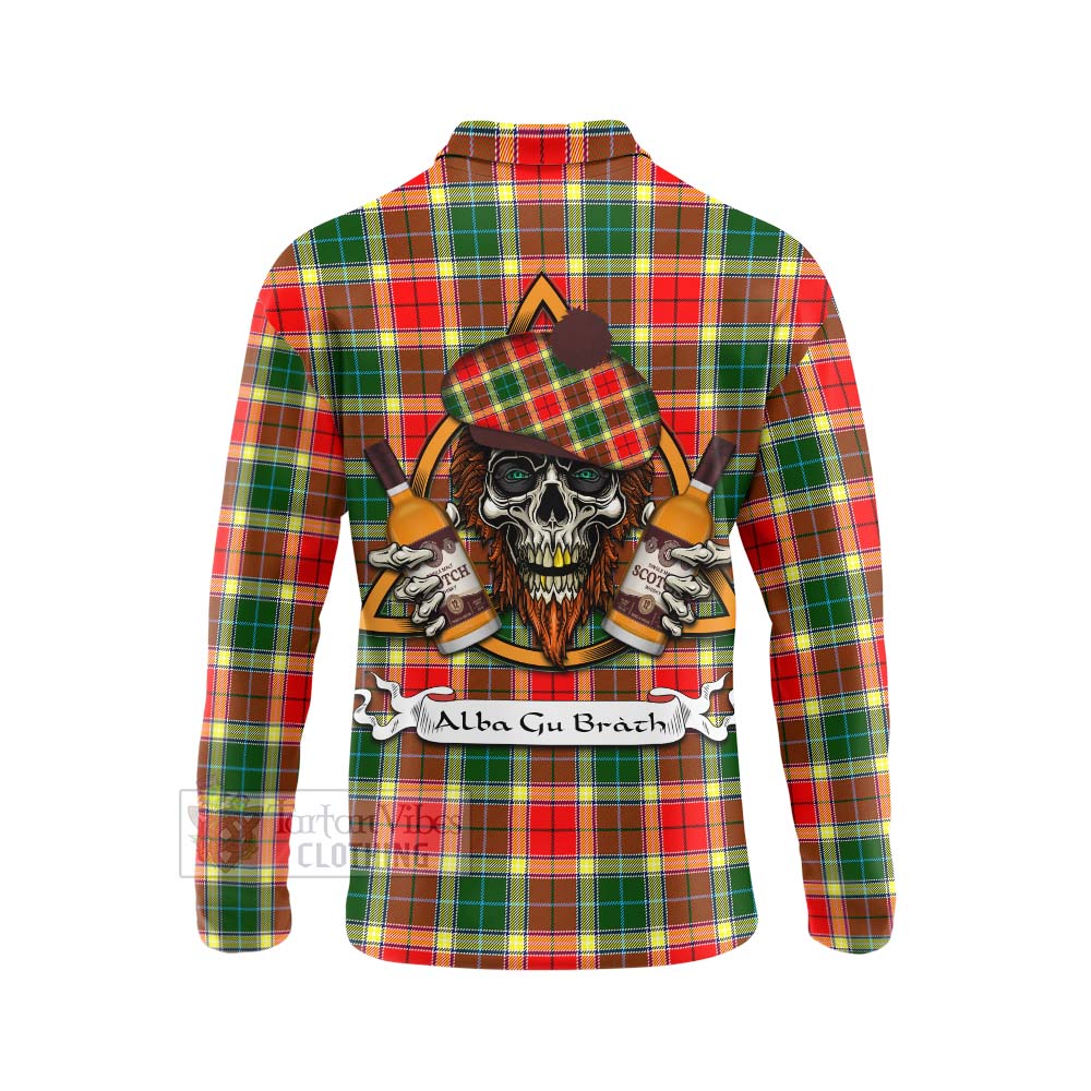 Tartan Vibes Clothing Gibson (Gibbs or Gibsone) Tartan Long Sleeve Polo Shirt with Family Crest and Bearded Skull Holding Bottles of Whiskey