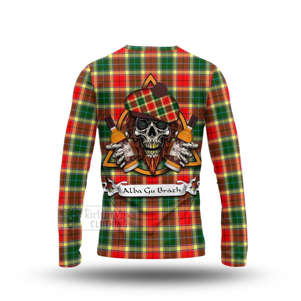 Tartan Vibes Clothing Gibson (Gibbs or Gibsone) Tartan Long Sleeve T-Shirt with Family Crest and Bearded Skull Holding Bottles of Whiskey