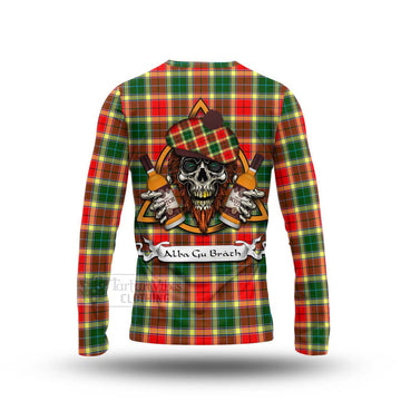 Gibson (Gibbs or Gibsone) Tartan Long Sleeve T-Shirt with Family Crest and Bearded Skull Holding Bottles of Whiskey