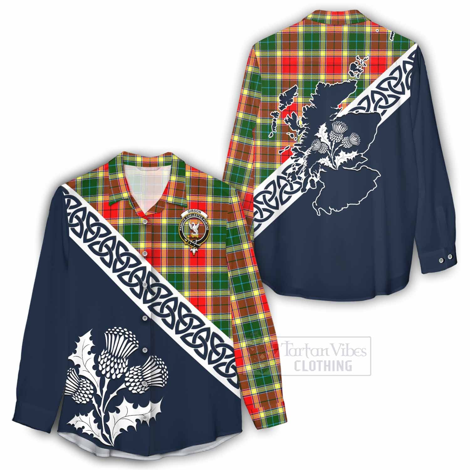 Tartan Vibes Clothing Gibson (Gibbs or Gibsone) Tartan Women's Casual Shirt Featuring Thistle and Scotland Map