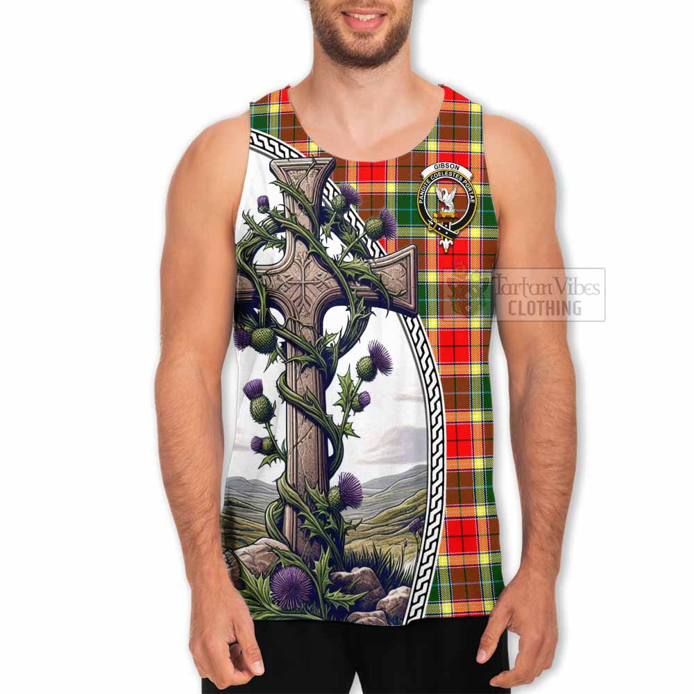 Tartan Vibes Clothing Gibson (Gibbs or Gibsone) Tartan Men's Tank Top with Family Crest and St. Andrew's Cross Accented by Thistle Vines