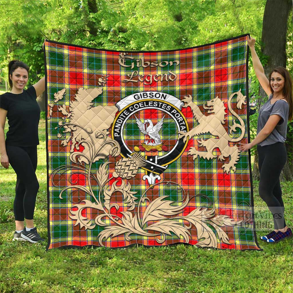 Tartan Vibes Clothing Gibson (Gibbs or Gibsone) Tartan Quilt with Family Crest and Scottish Symbol Style