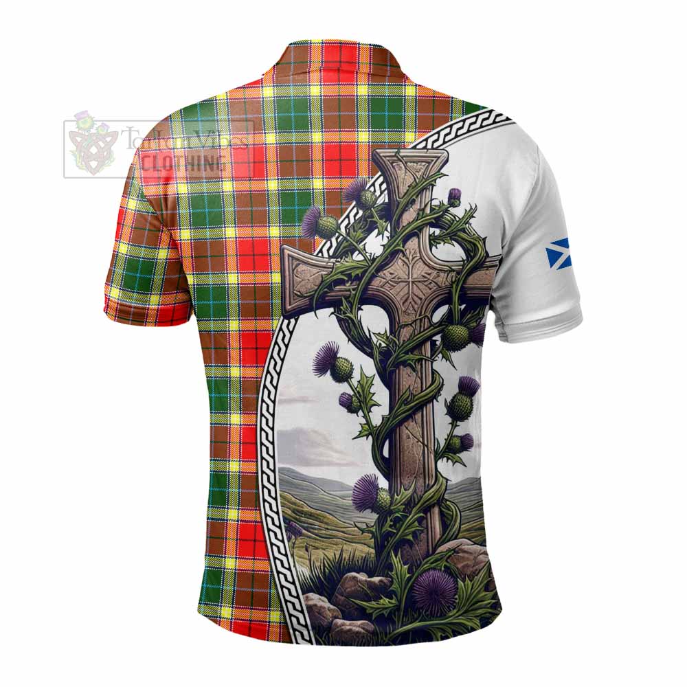 Tartan Vibes Clothing Gibson (Gibbs or Gibsone) Tartan Polo Shirt with Family Crest and St. Andrew's Cross Accented by Thistle Vines