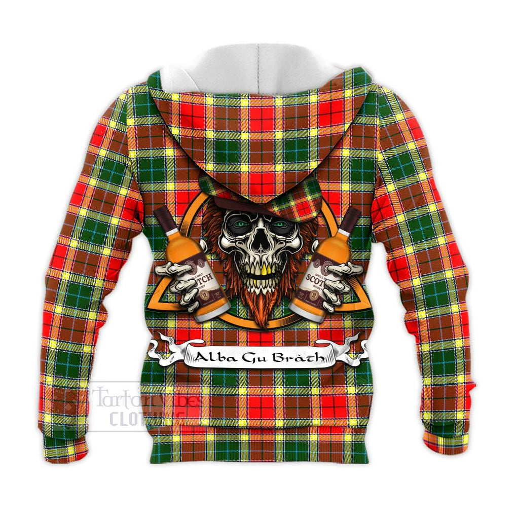 Tartan Vibes Clothing Gibson (Gibbs or Gibsone) Tartan Knitted Hoodie with Family Crest and Bearded Skull Holding Bottles of Whiskey