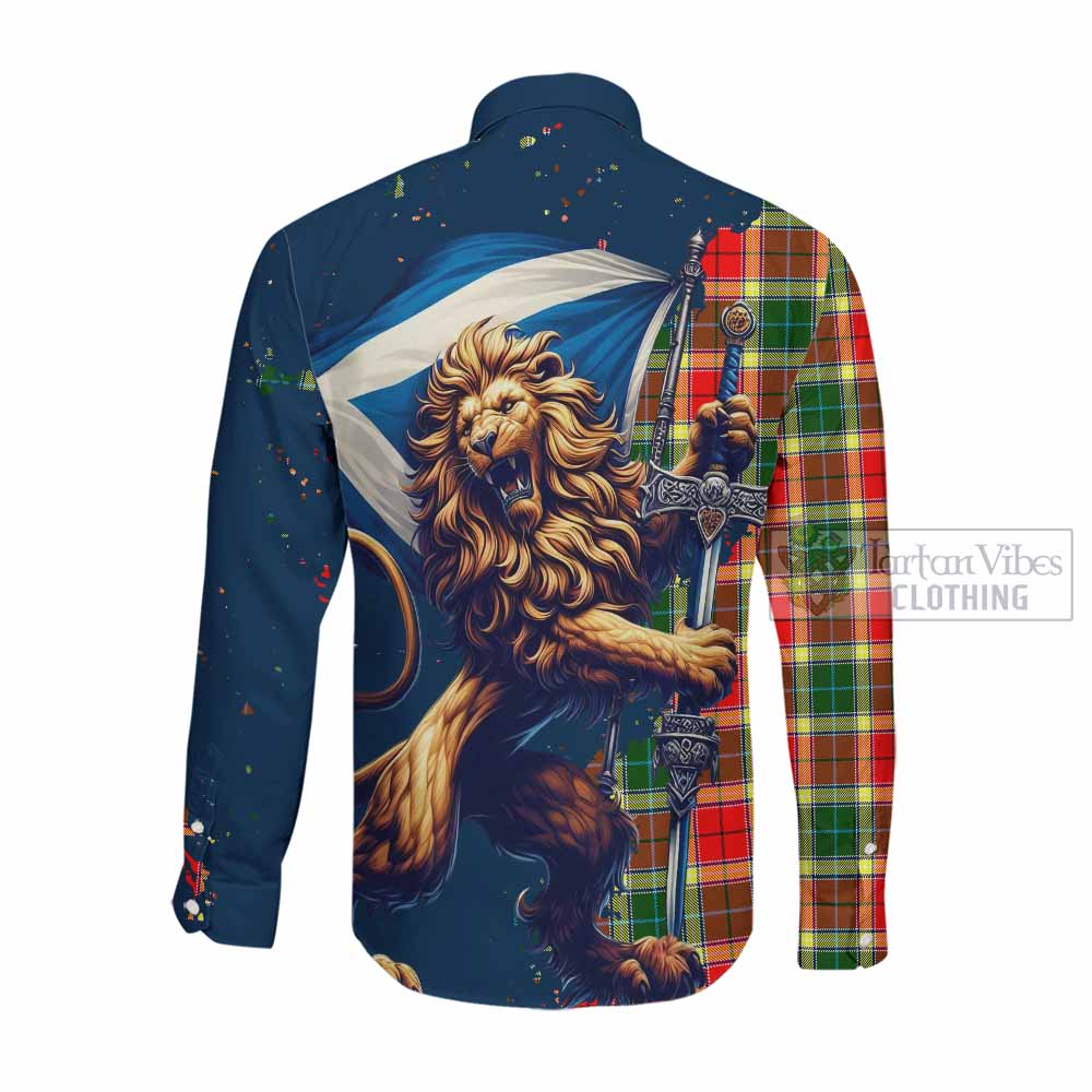 Tartan Vibes Clothing Gibson (Gibbs or Gibsone) Tartan Family Crest Long Sleeve Button Shirt with Scottish Majestic Lion