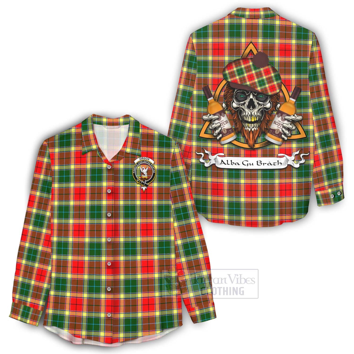 Tartan Vibes Clothing Gibson (Gibbs or Gibsone) Tartan Women's Casual Shirt with Family Crest and Bearded Skull Holding Bottles of Whiskey