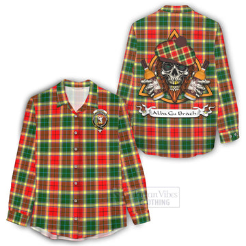 Gibson (Gibbs or Gibsone) Tartan Women's Casual Shirt with Family Crest and Bearded Skull Holding Bottles of Whiskey