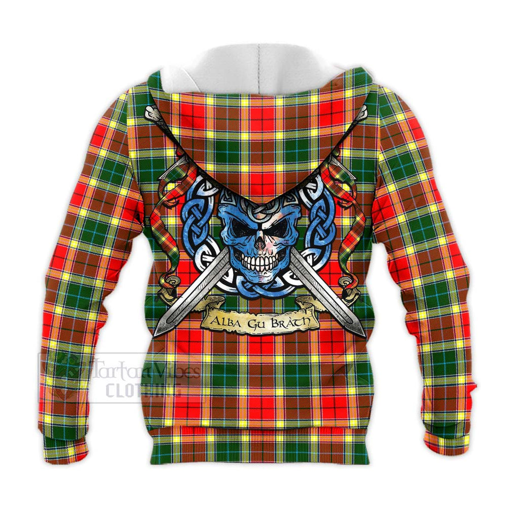 Tartan Vibes Clothing Gibson (Gibbs or Gibsone) Tartan Knitted Hoodie with Family Crest Celtic Skull Style