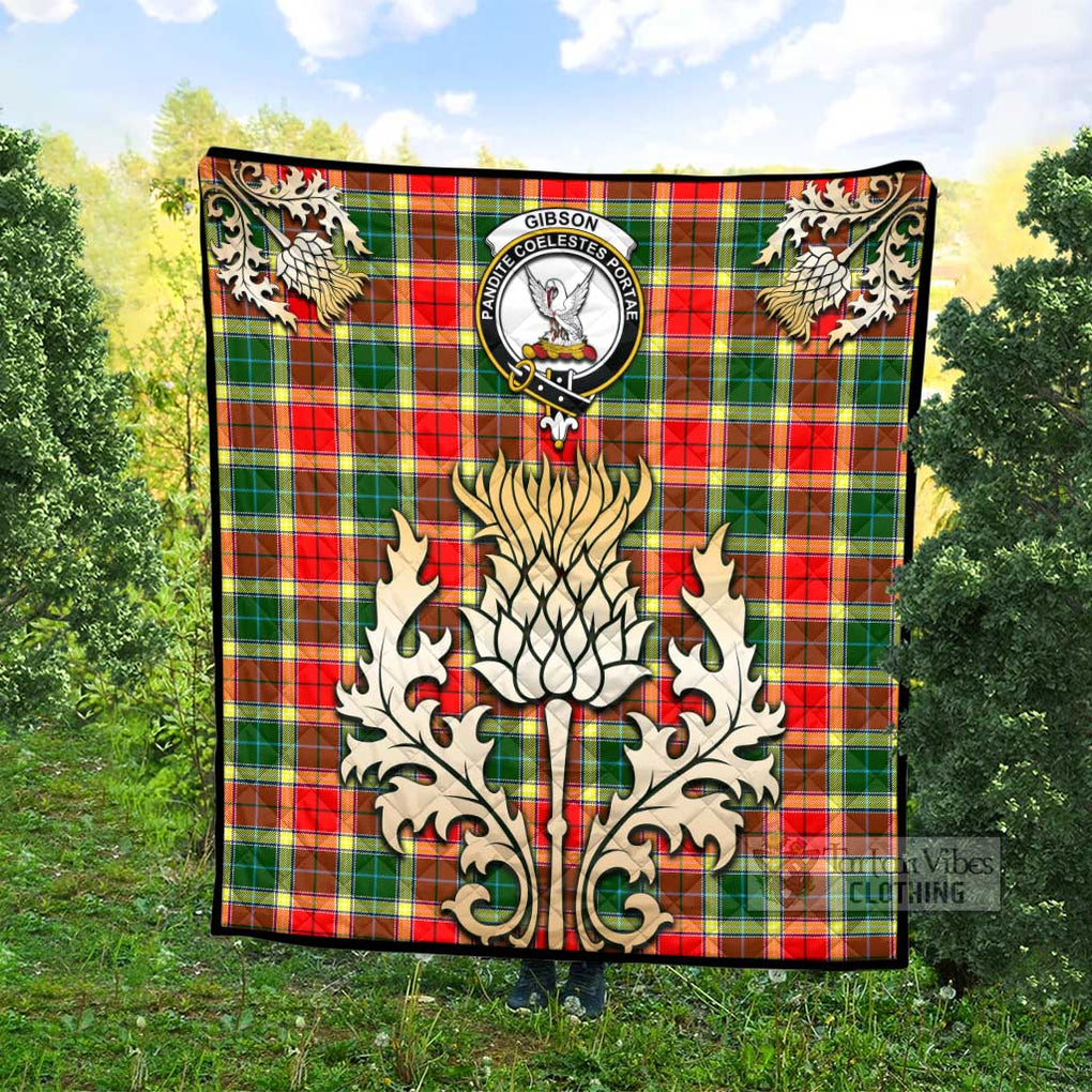 Tartan Vibes Clothing Gibson (Gibbs or Gibsone) Tartan Quilt with Family Crest and Golden Thistle Style