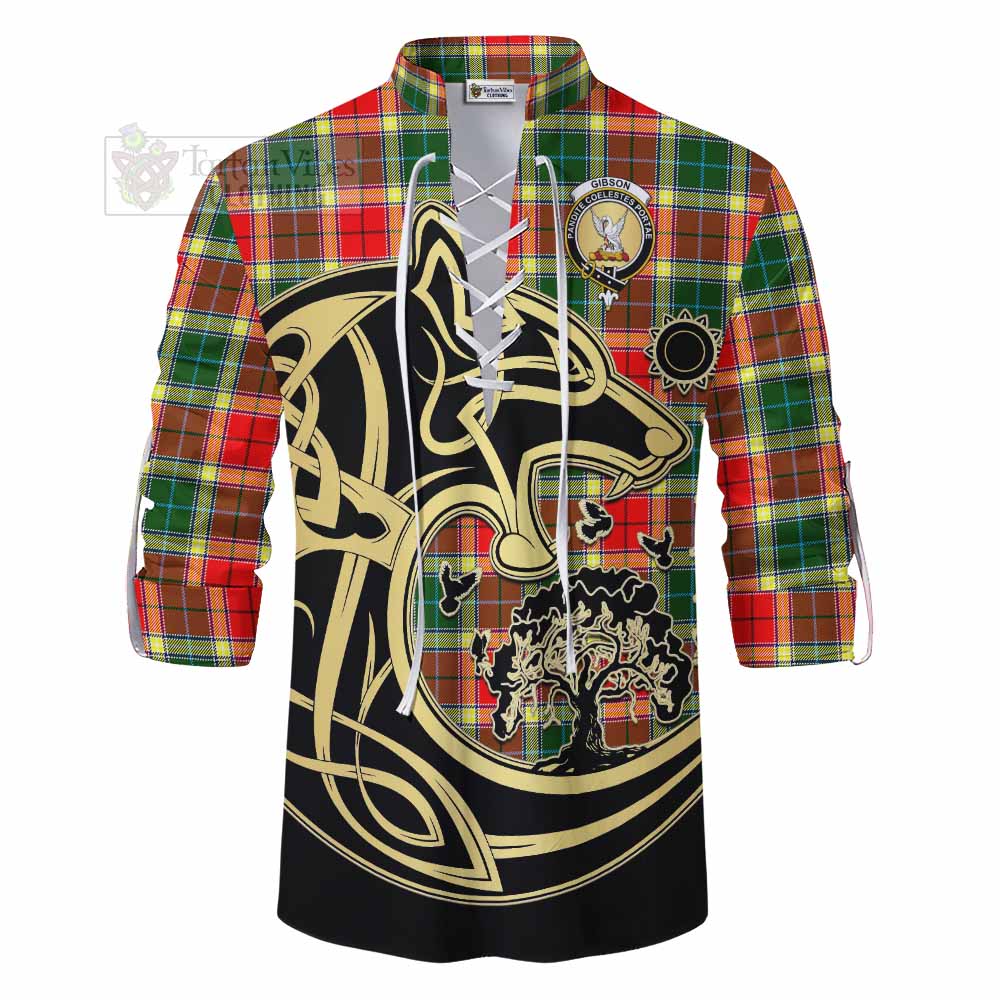 Tartan Vibes Clothing Gibson (Gibbs or Gibsone) Tartan Ghillie Kilt Shirt with Family Crest Celtic Wolf Style