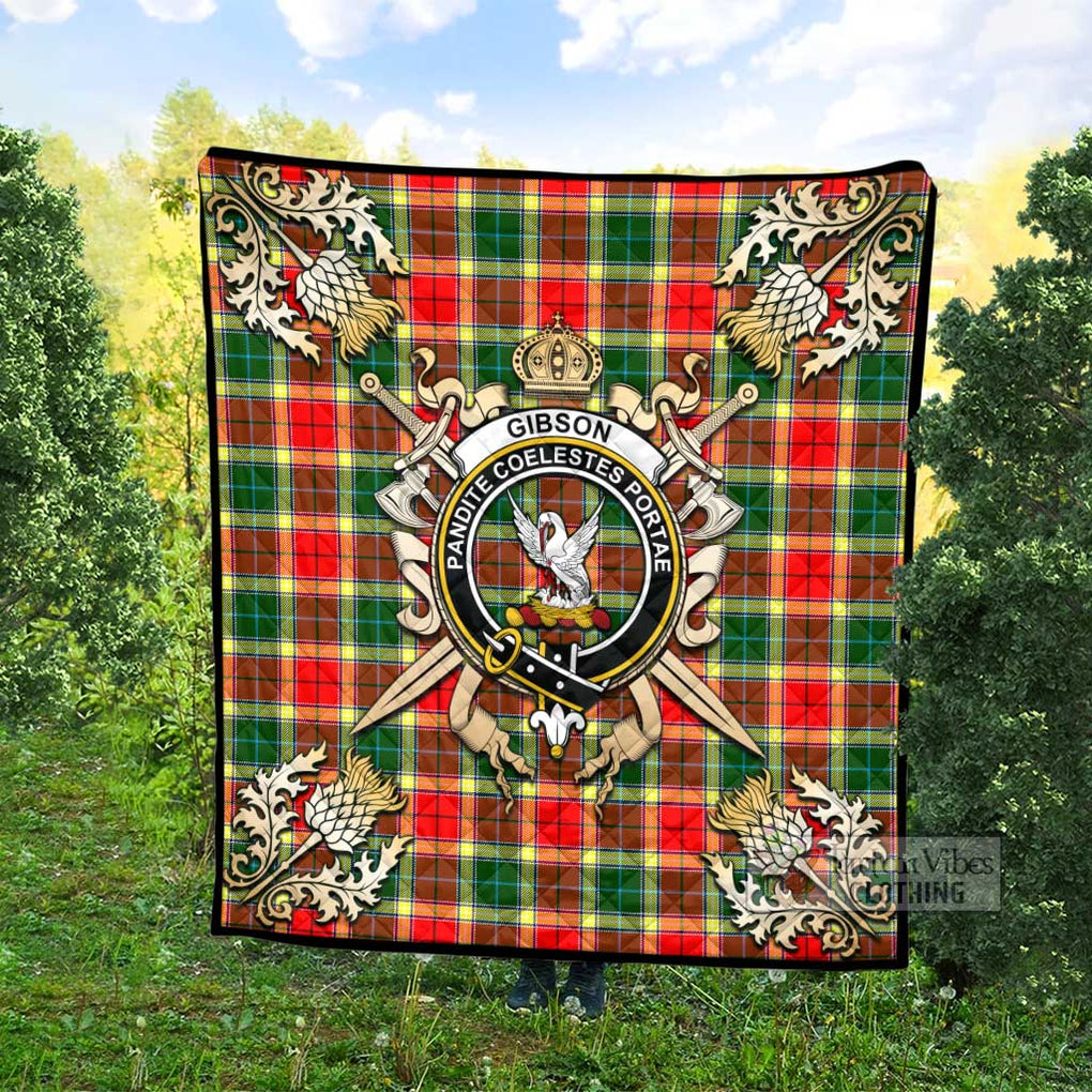 Tartan Vibes Clothing Gibson (Gibbs or Gibsone) Tartan Quilt with Family Crest and Scottish Golden Courage Shield