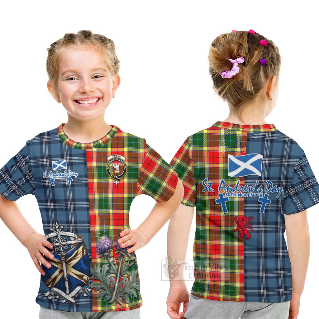 Tartan Vibes Clothing Gibson (Gibbs or Gibsone) Tartan Kid T-Shirt Happy St. Andrew's Day Half Tartan Style