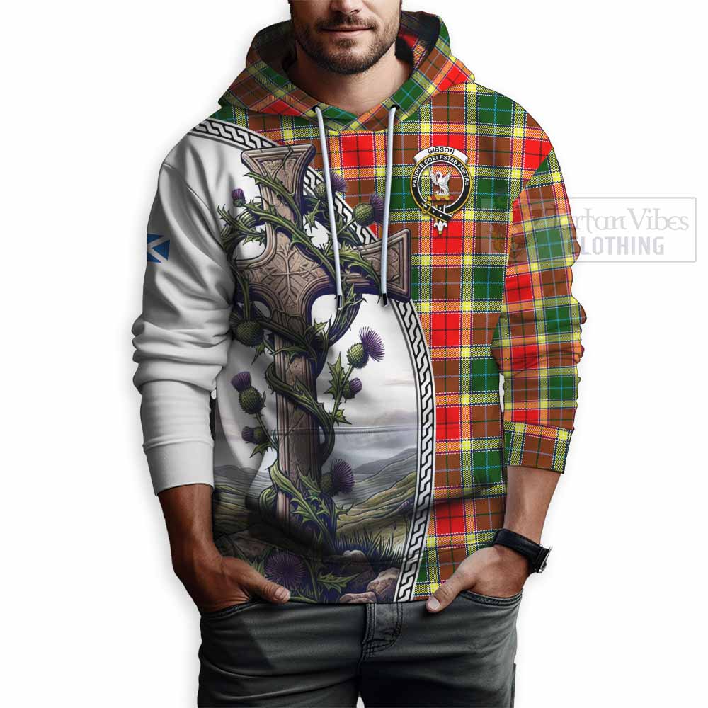 Tartan Vibes Clothing Gibson (Gibbs or Gibsone) Tartan Hoodie with Family Crest and St. Andrew's Cross Accented by Thistle Vines