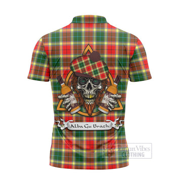 Gibson (Gibbs or Gibsone) Tartan Zipper Polo Shirt with Family Crest and Bearded Skull Holding Bottles of Whiskey