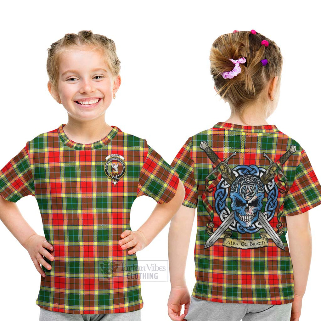 Tartan Vibes Clothing Gibson (Gibbs or Gibsone) Tartan Kid T-Shirt with Family Crest Celtic Skull Style