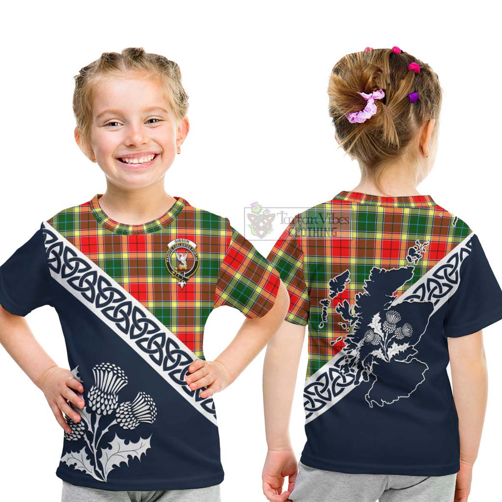 Tartan Vibes Clothing Gibson (Gibbs or Gibsone) Tartan Kid T-Shirt Featuring Thistle and Scotland Map