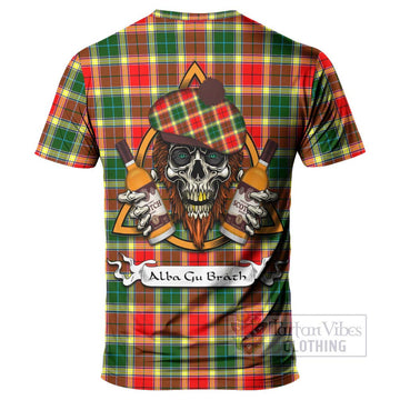 Gibson (Gibbs or Gibsone) Tartan T-Shirt with Family Crest and Bearded Skull Holding Bottles of Whiskey