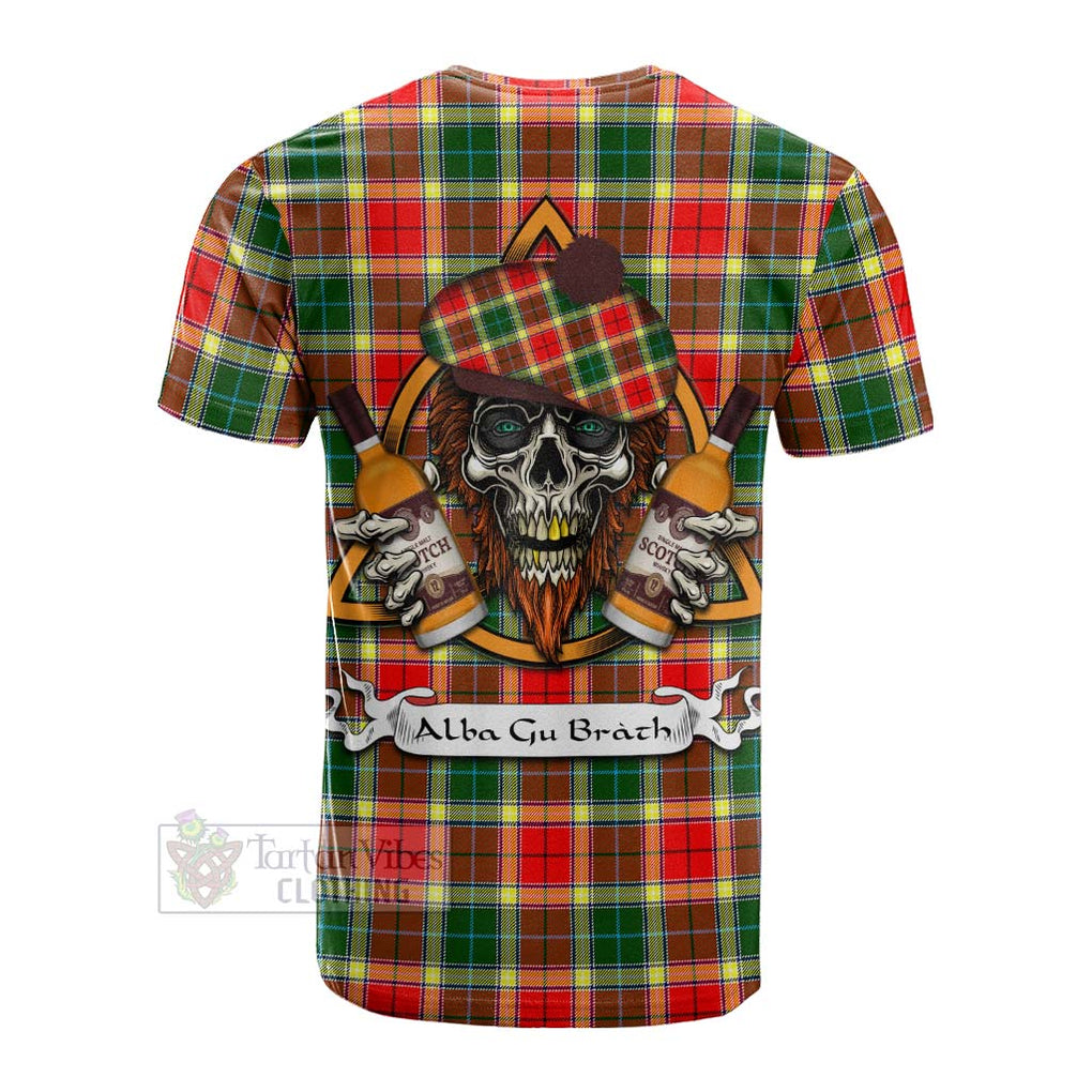 Tartan Vibes Clothing Gibson (Gibbs or Gibsone) Tartan Cotton T-shirt with Family Crest and Bearded Skull Holding Bottles of Whiskey