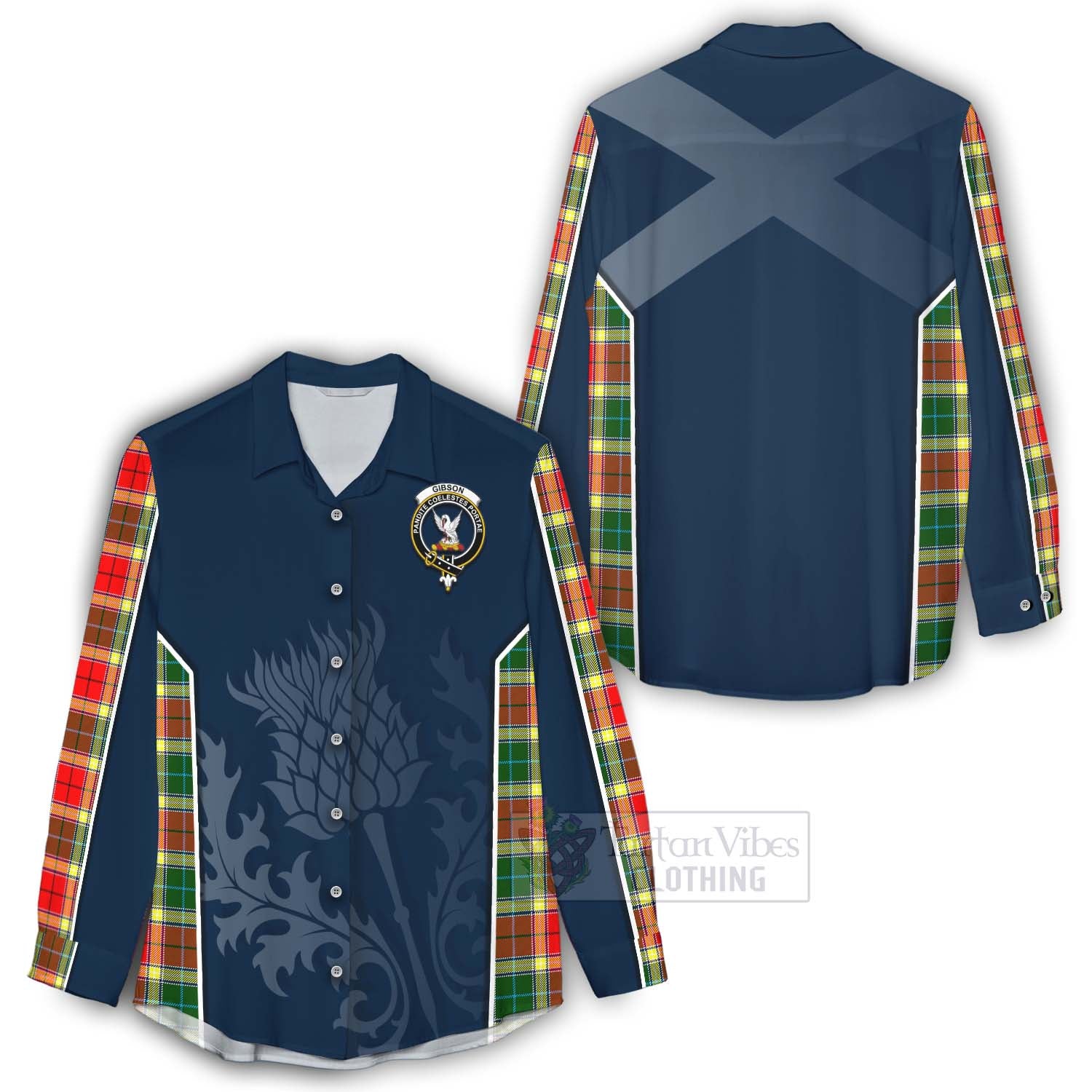 Tartan Vibes Clothing Gibson (Gibbs or Gibsone) Tartan Women's Casual Shirt with Family Crest and Scottish Thistle Vibes Sport Style