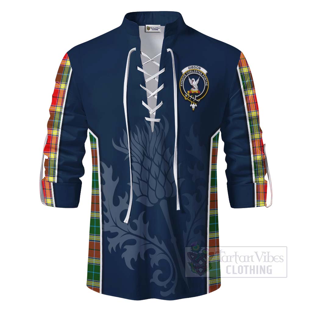 Tartan Vibes Clothing Gibson (Gibbs or Gibsone) Tartan Ghillie Kilt Shirt with Family Crest and Scottish Thistle Vibes Sport Style