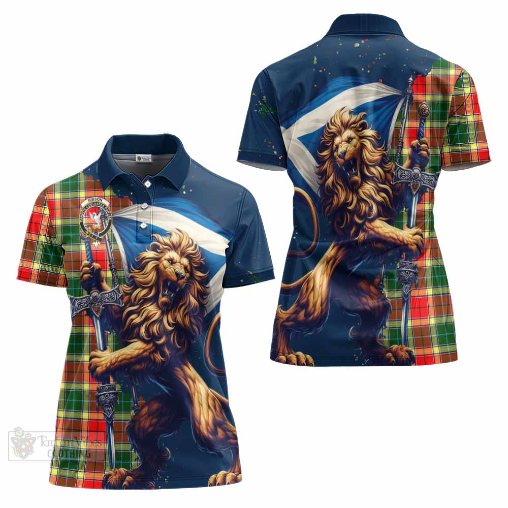 Tartan Vibes Clothing Gibson (Gibbs or Gibsone) Tartan Family Crest Women's Polo Shirt with Scottish Majestic Lion