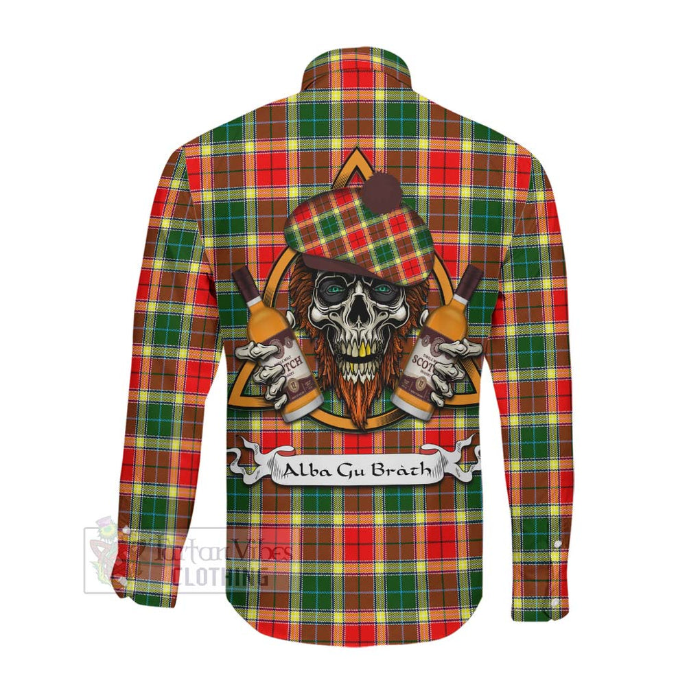 Tartan Vibes Clothing Gibson (Gibbs or Gibsone) Tartan Long Sleeve Button Shirt with Family Crest and Bearded Skull Holding Bottles of Whiskey