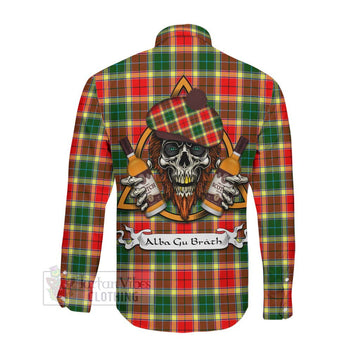 Gibson (Gibbs or Gibsone) Tartan Long Sleeve Button Shirt with Family Crest and Bearded Skull Holding Bottles of Whiskey