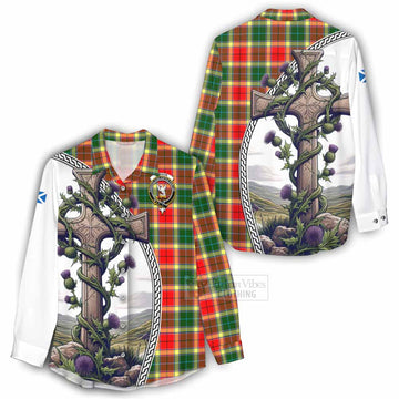 Gibson (Gibbs or Gibsone) Tartan Women's Casual Shirt with Family Crest and St. Andrew's Cross Accented by Thistle Vines