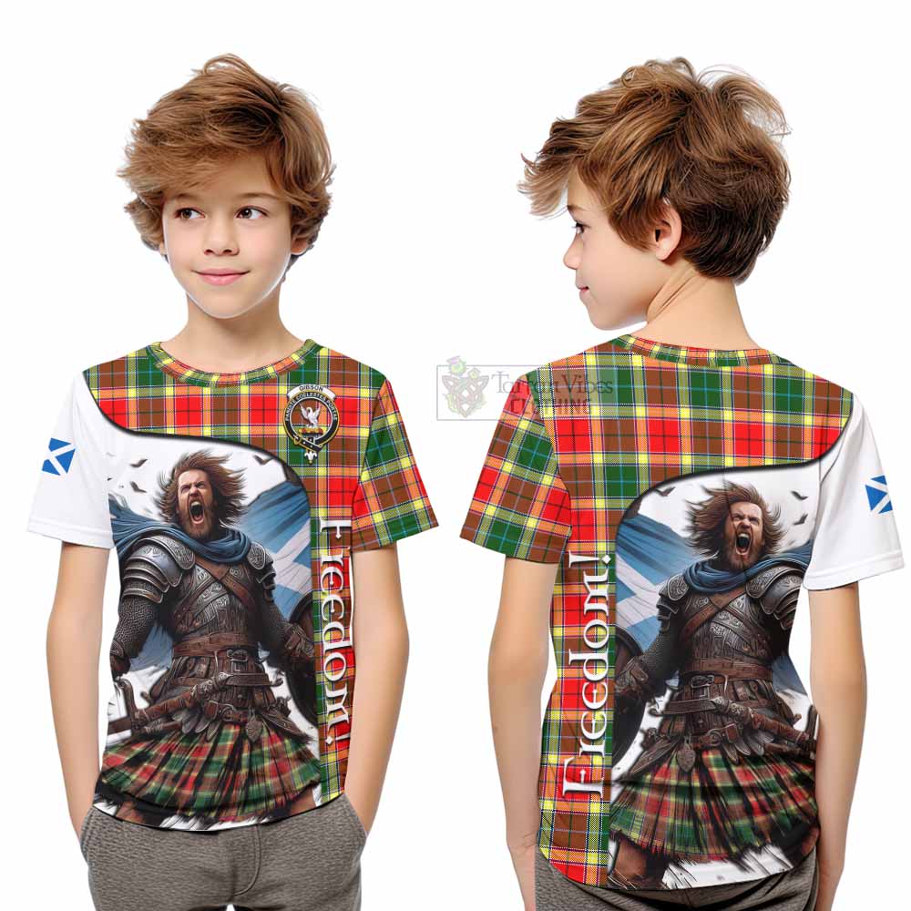 Tartan Vibes Clothing Gibson (Gibbs or Gibsone) Crest Tartan Kid T-Shirt Inspired by the Freedom of Scottish Warrior